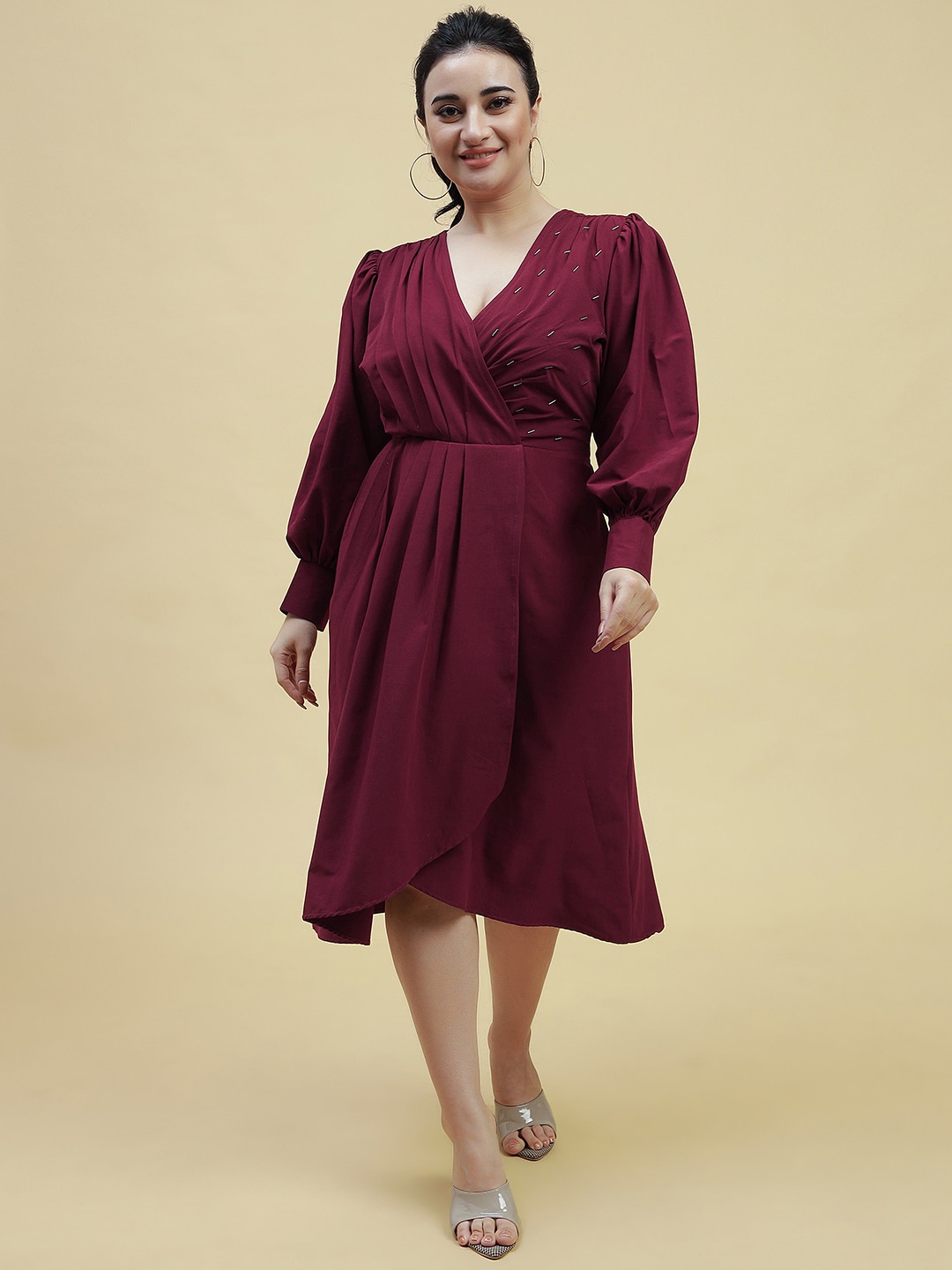 

Curvy Lane Plus Size V-neck Puff Sleeve Embellished Wrap Dress, Maroon