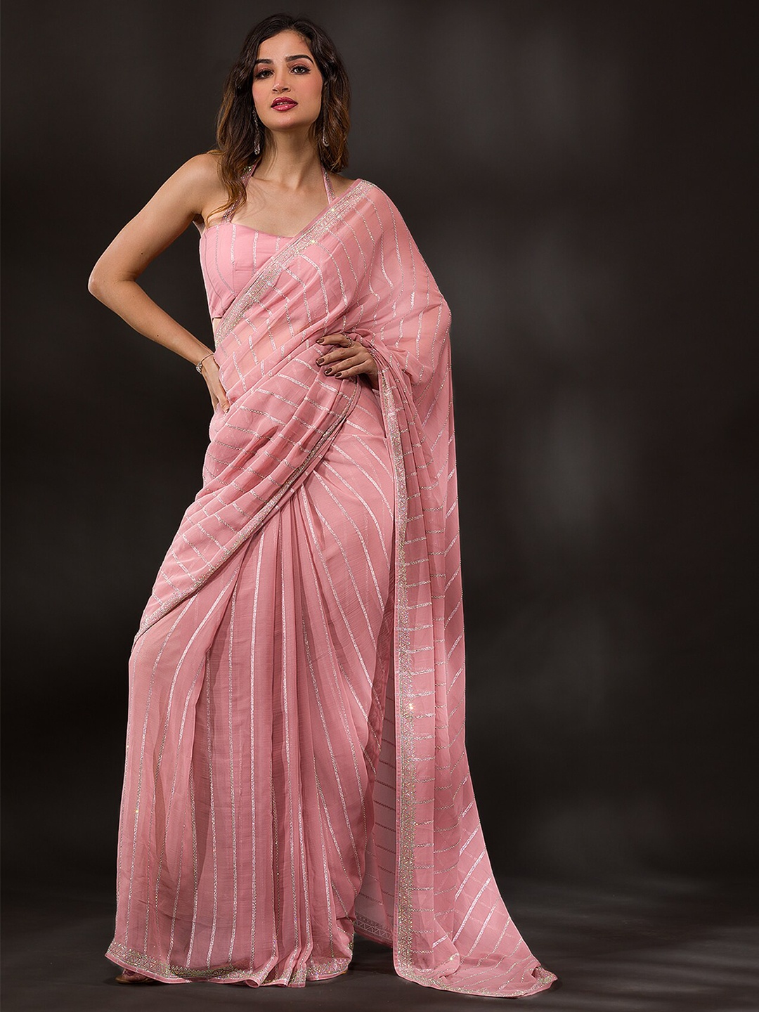 

Koskii Striped Beads and Stones Saree, Pink