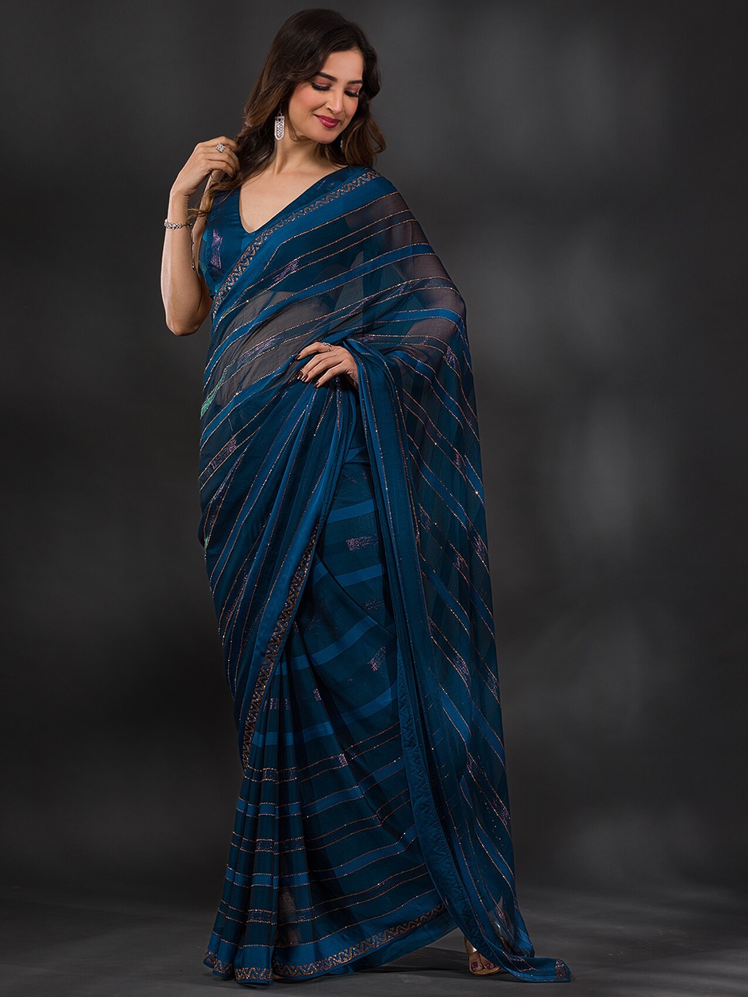 

Koskii Embellished Beads and Stones Tissue Saree, Blue