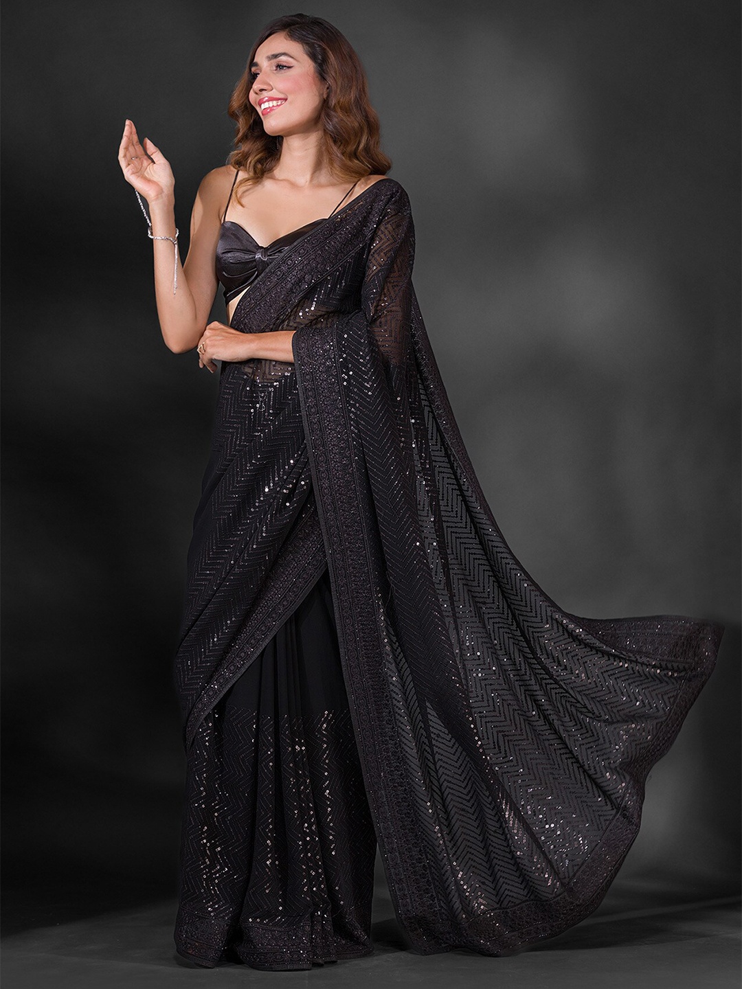 

Koskii Embellished Sequinned Saree, Black