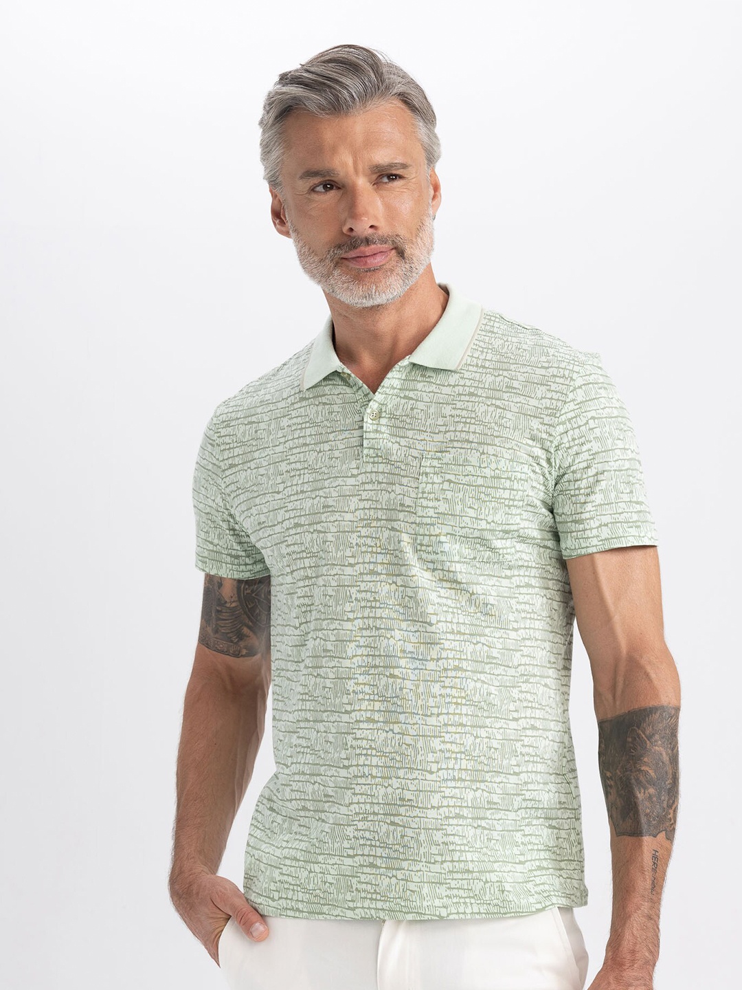 

DeFacto Abstract Printed Polo Collar Pure Cotton T-shirt, Green