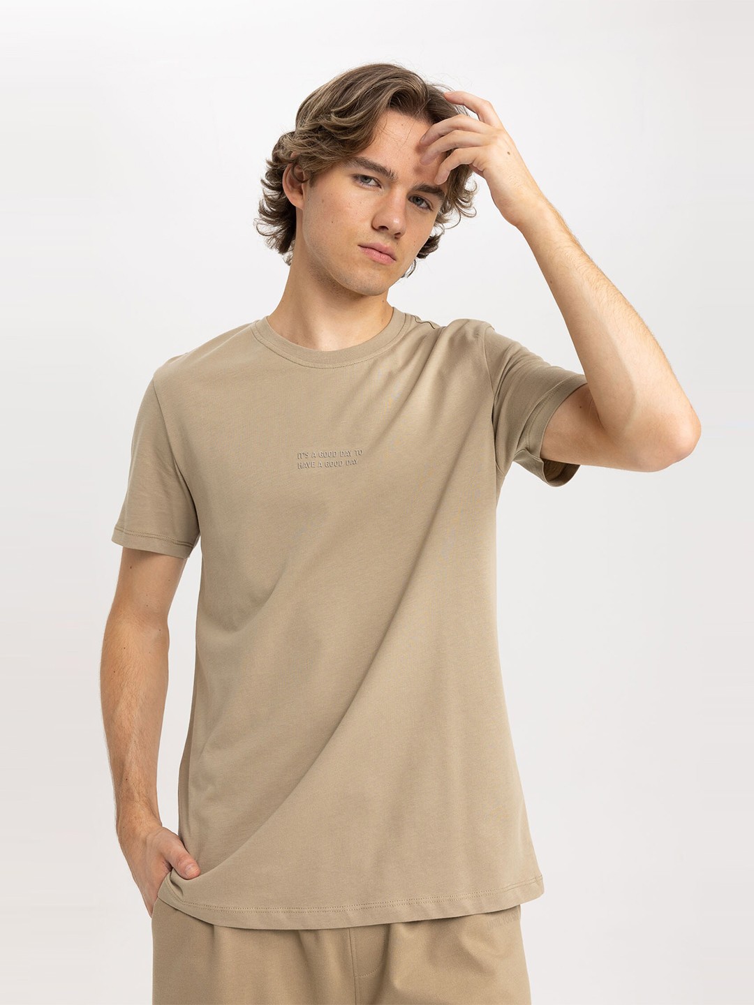 

DeFacto Round Neck Regular Fit Pure Collar Casual T-shirt, Beige