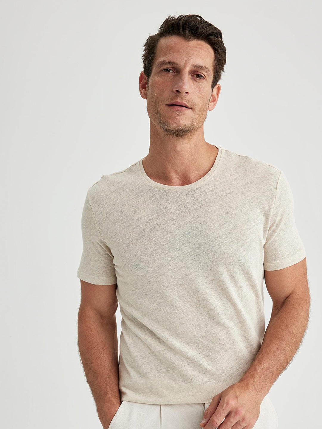 

DeFacto Round Neck Regular Fit Cotton Casual T-Shirt, Beige