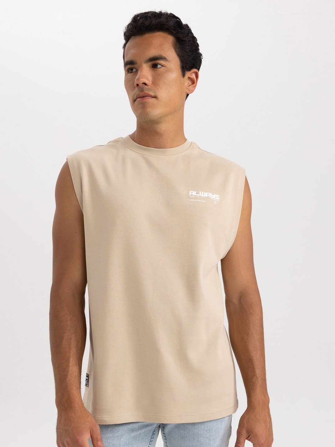 

DeFacto Round Neck Sleeveless Cotton T-Shirt, Beige