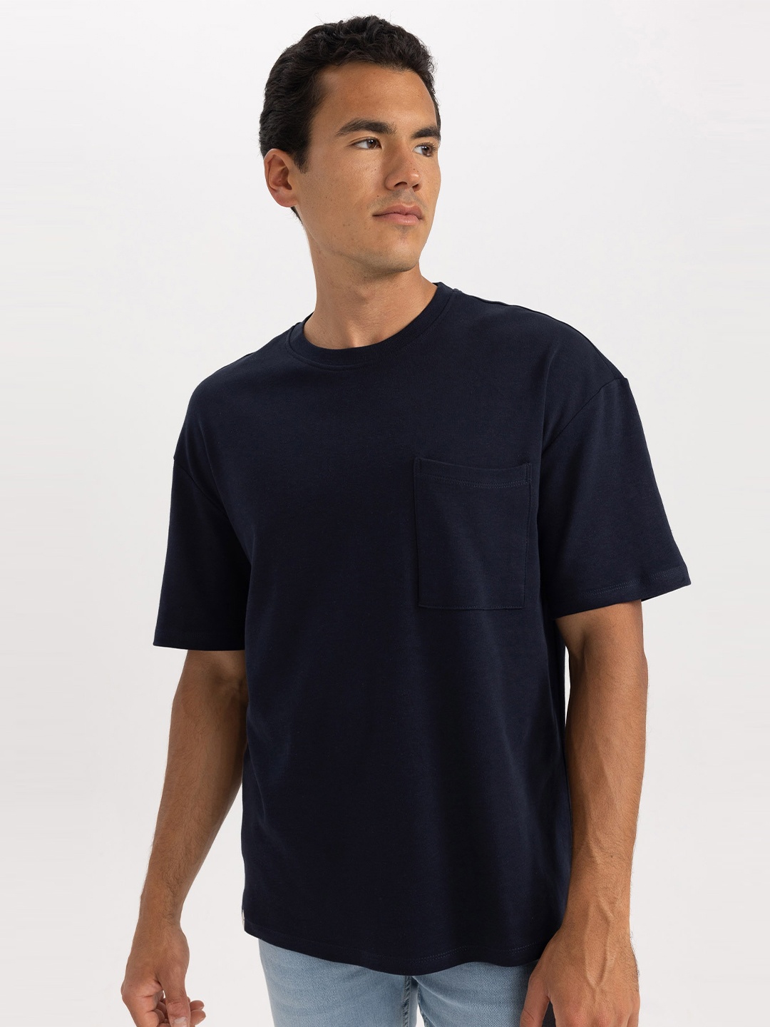 

DeFacto Drop-Shoulder Sleeves Round Neck Pure Cotton T-shirt, Navy blue