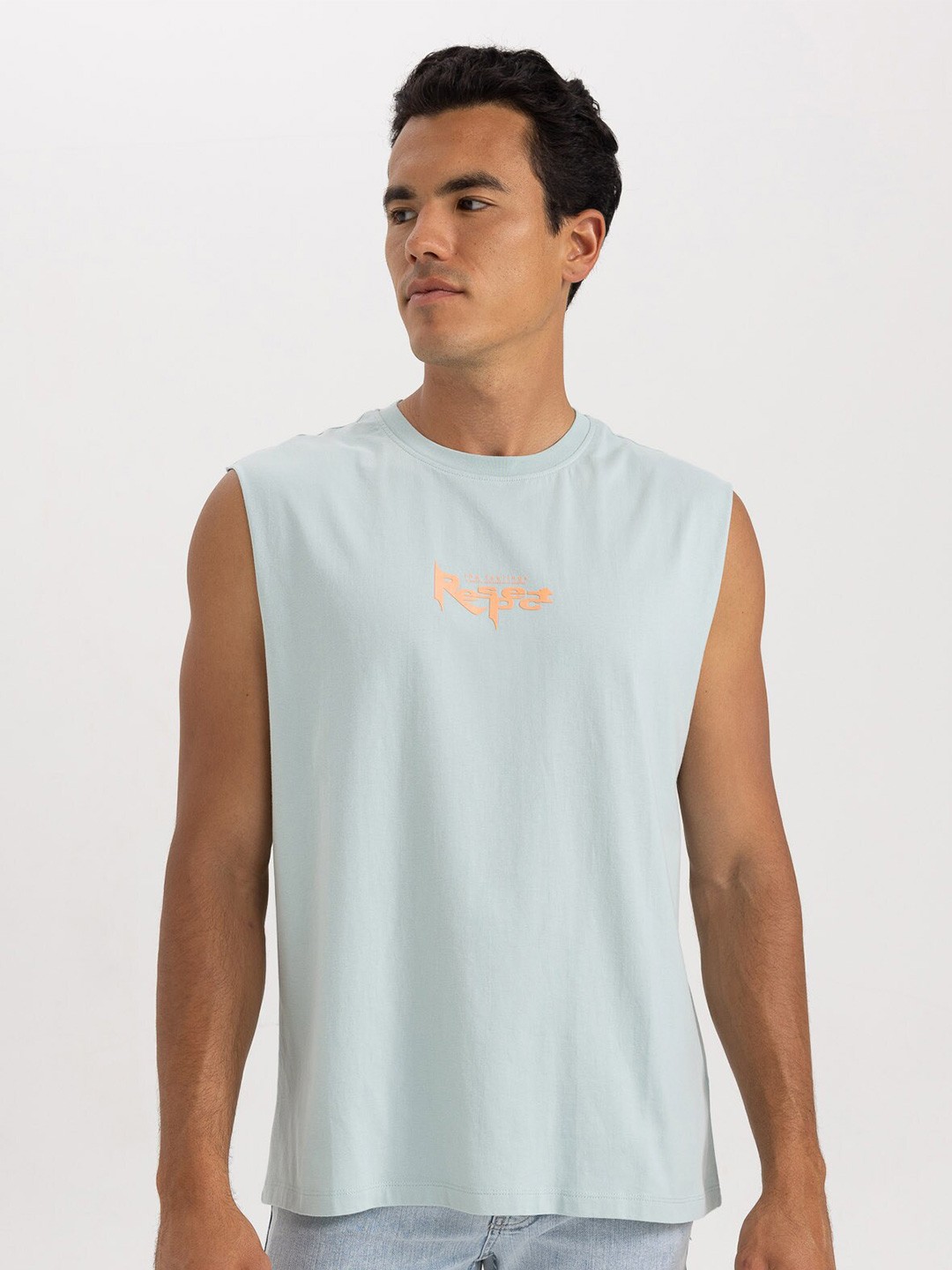 

DeFacto Typography Printed Sleeveless Longline Pure Cotton T-shirt, Blue