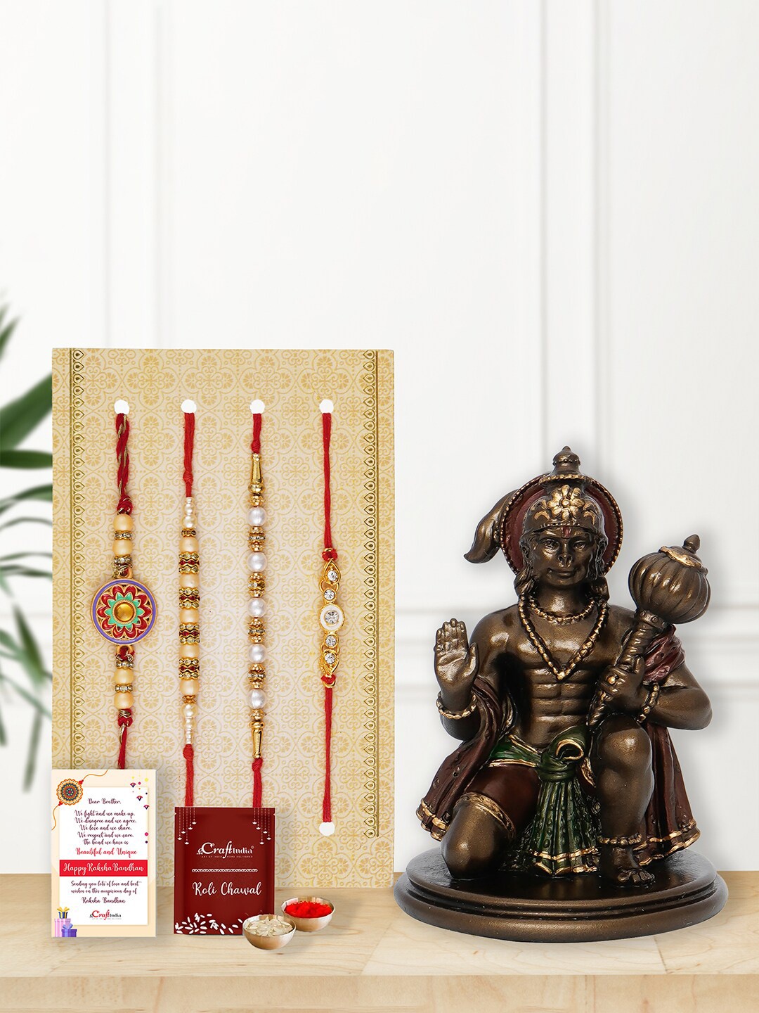 

eCraftIndia Set of 4 Designer Rakhi With Lord Hanuman Statue, Multi