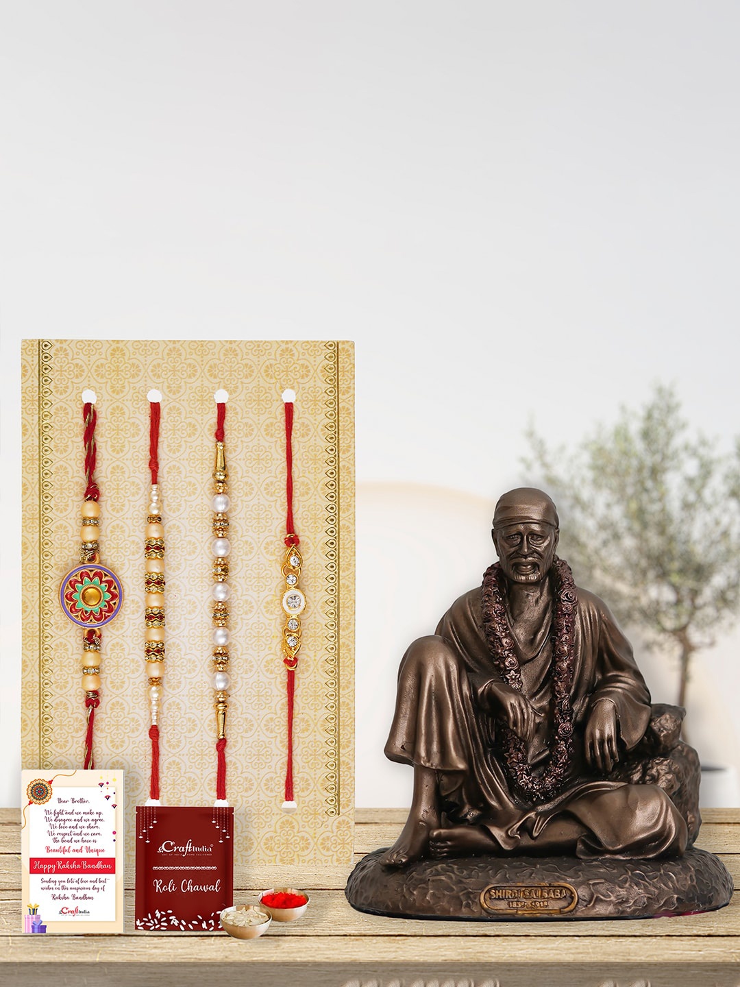 

eCraftIndia Set of 4 Rakhi with Roli Chawal & Sai Baba Statue Greeting Card Gift Set, Red
