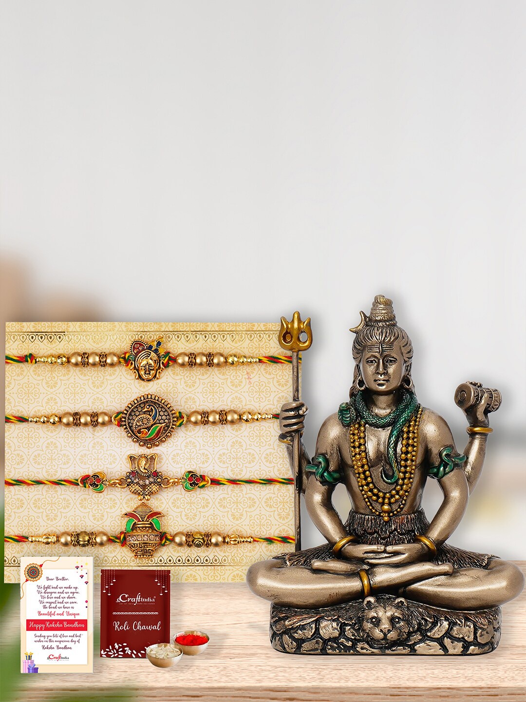 

eCraftIndia Set of 4 Designer Rakhi With Lord Shiva Statue, Gold