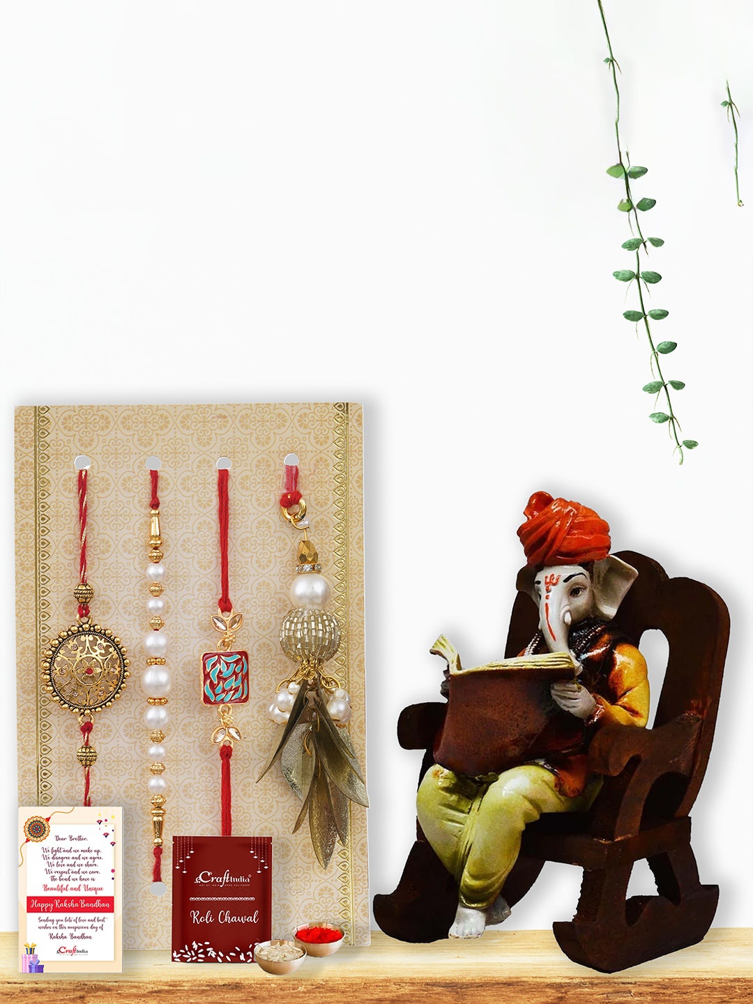 

eCraftIndia Unisex Set of 4 Floral Lumba Designer Rakhis with Lord Ganesha Idol, Gold