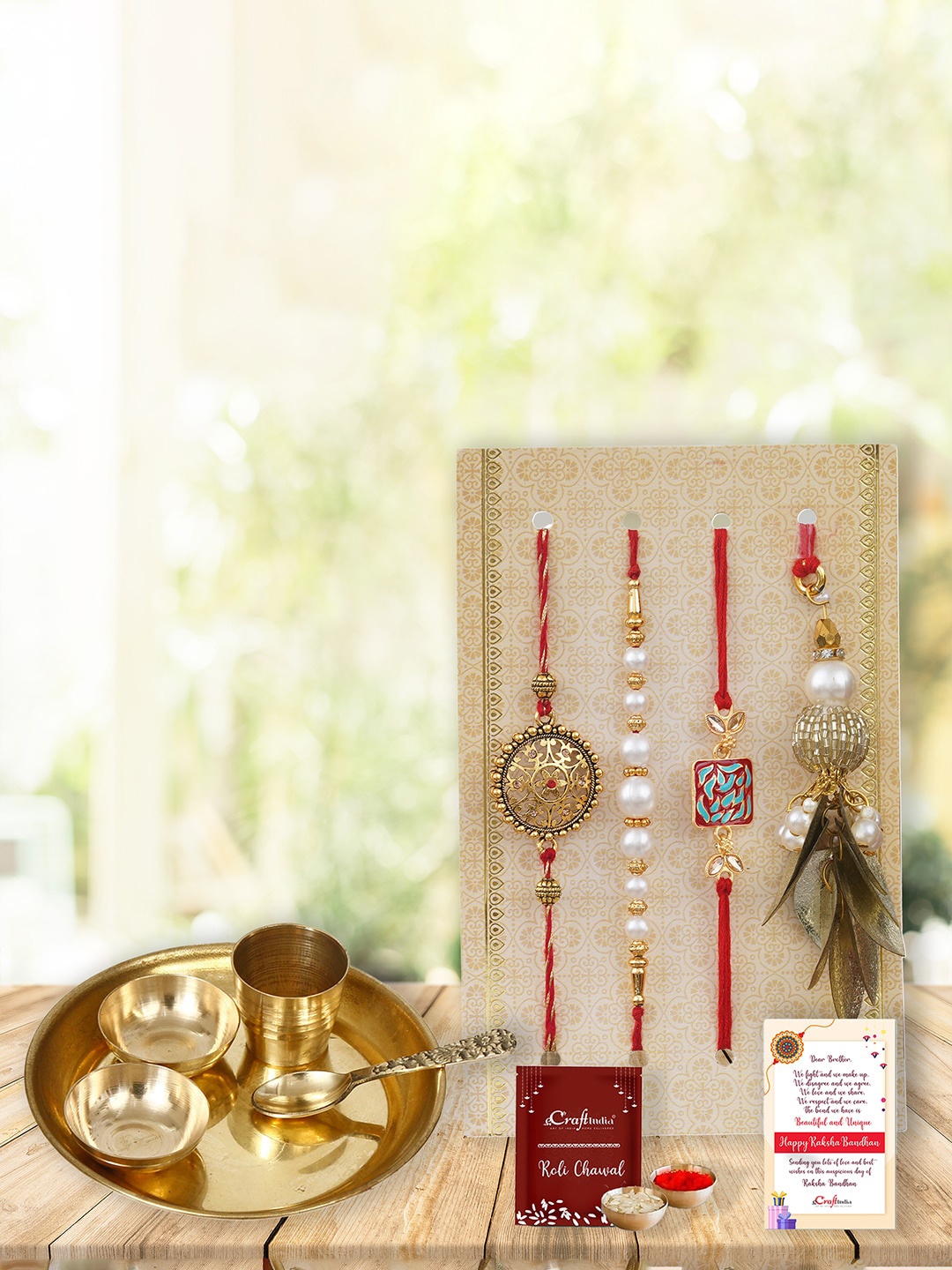 

eCraftIndia Set Of 4 Studded Rakhi With Roli Chawal Greeting Card & Pooja Thali, Gold