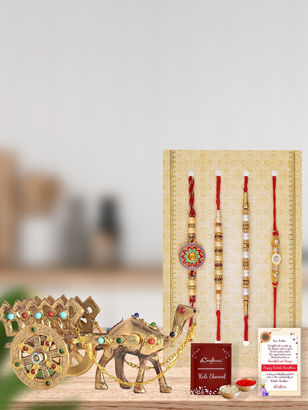 

eCraftIndia Set Of 4 Designer Rakhis With Camel Cart Showpiece, Red