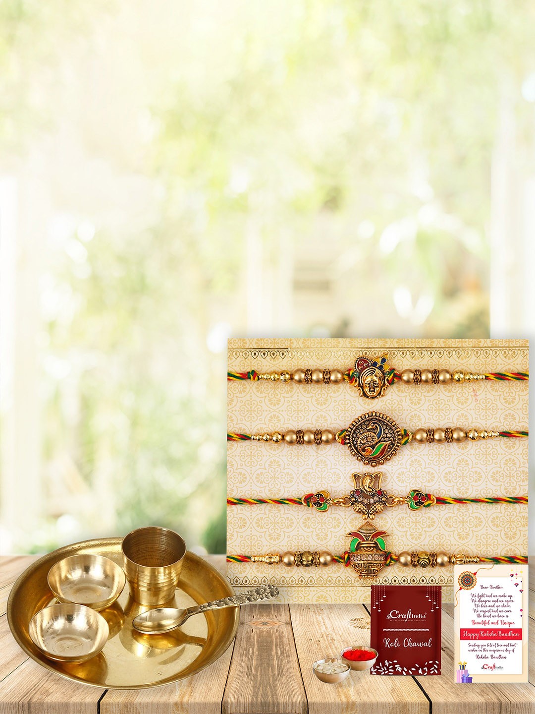 

eCraftIndia Set of 4 Shrinathji Peacock Ganesha Kalash Designer Rakhis with Pooja Thali, Gold