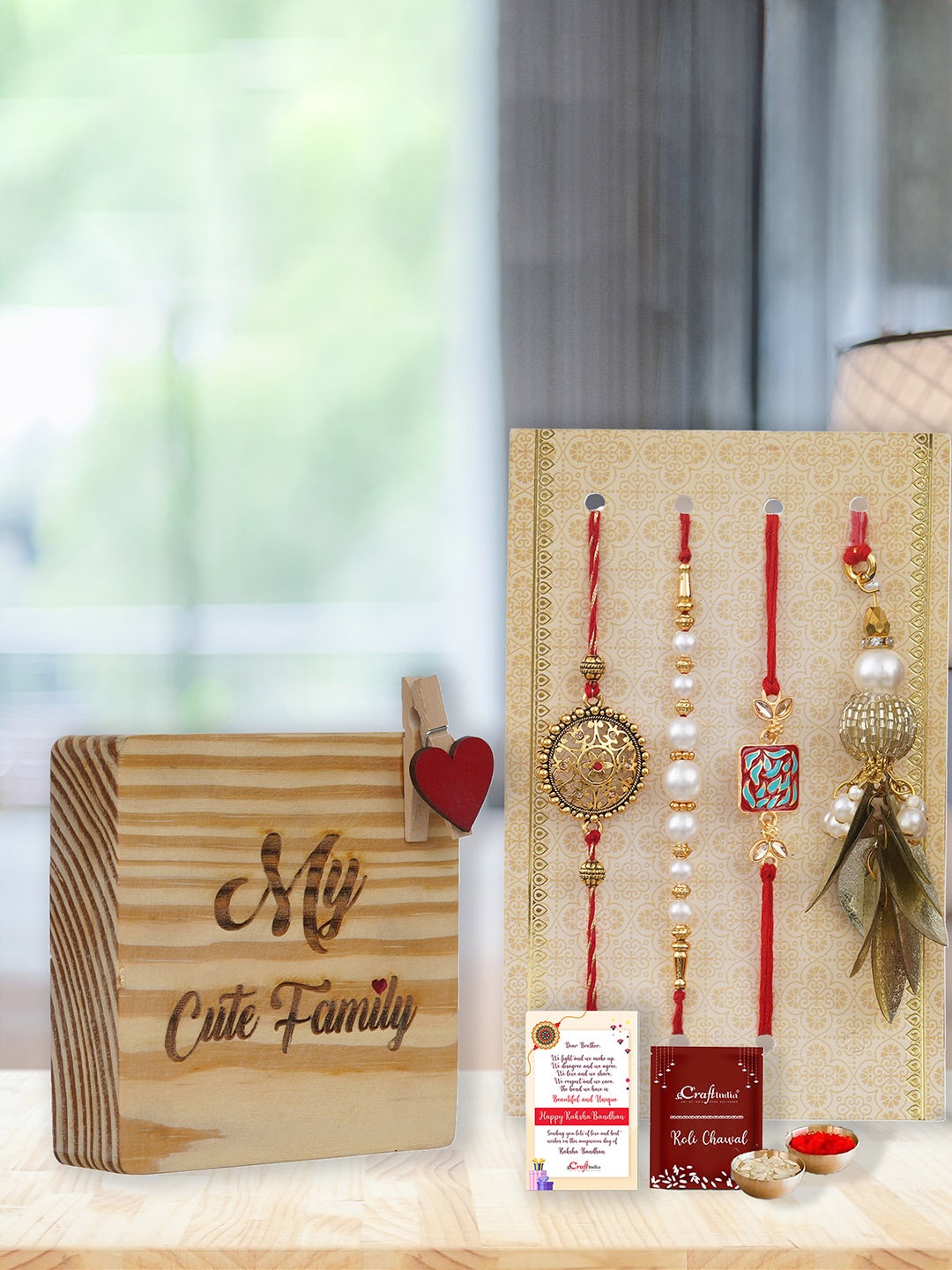 

eCraftIndia Set of 4 Rakhi With Roli Chawal Greeting Card & Photo Frame, Gold