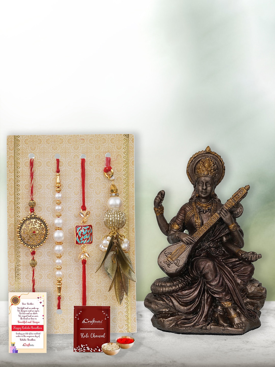 

eCraftIndia Unisex Set of 4 Floral Lumba Designer Rakhsi With Saraswati Idol, Red