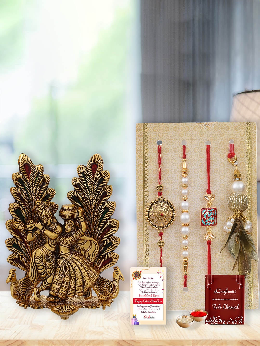 

eCraftIndia Set of 4 Stone Studded & Beaded Rakhi With Radha Krishna Idol Diya, Gold