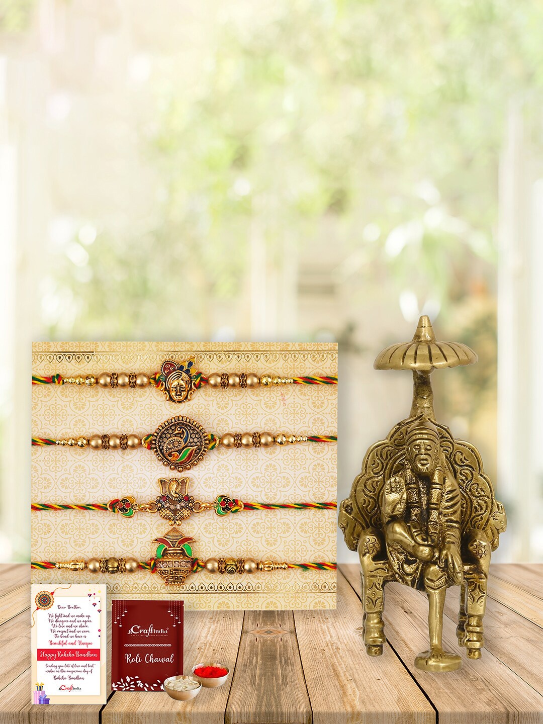 

eCraftIndia Set of 4 Stone Studded & Beaded Rakhi With Sai Baba Idol, Gold