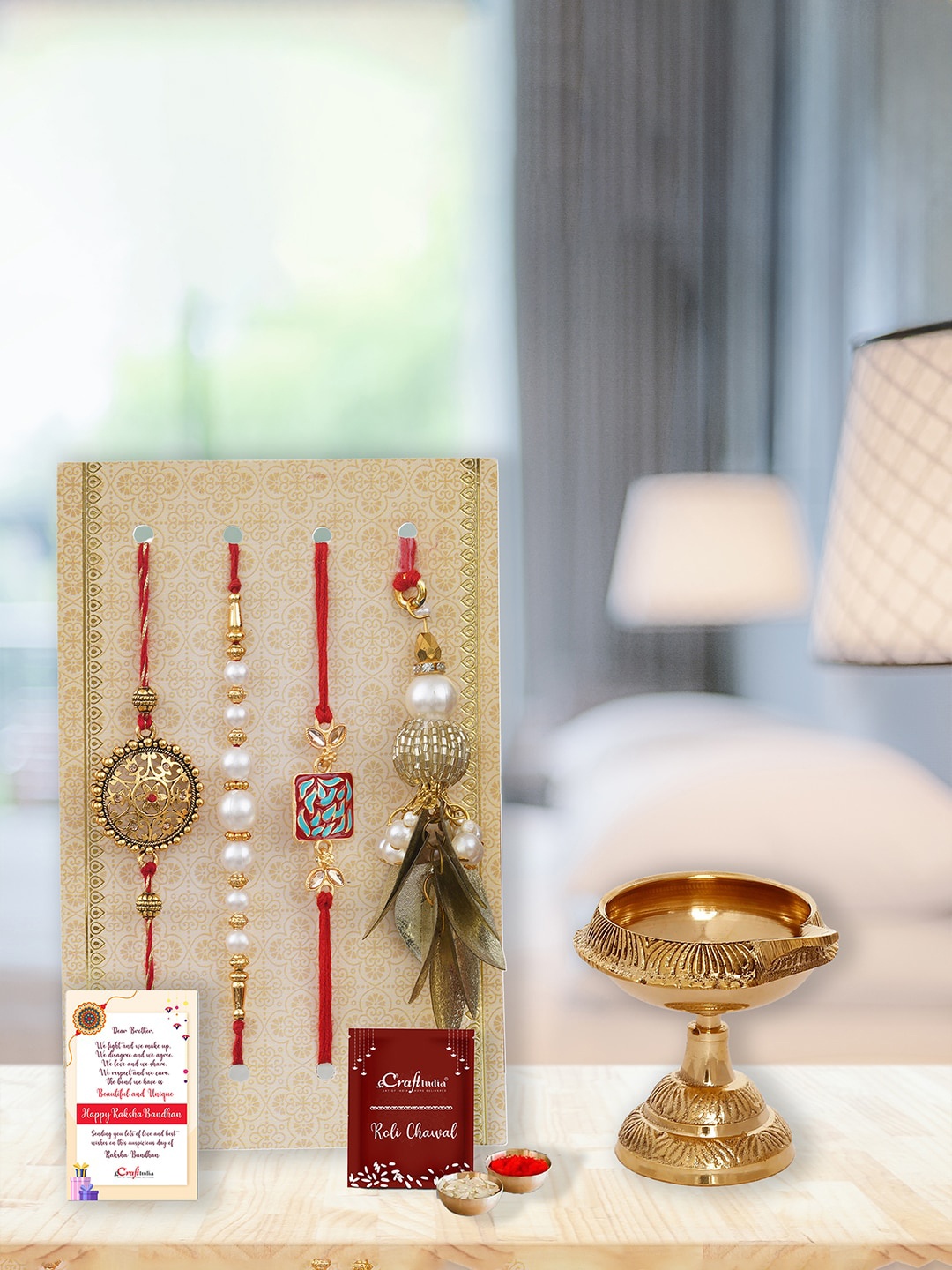 

eCraftIndia Set of 4 Stone-Studded Rakhis with Roli Chawal & Brass Diya Gift, Gold