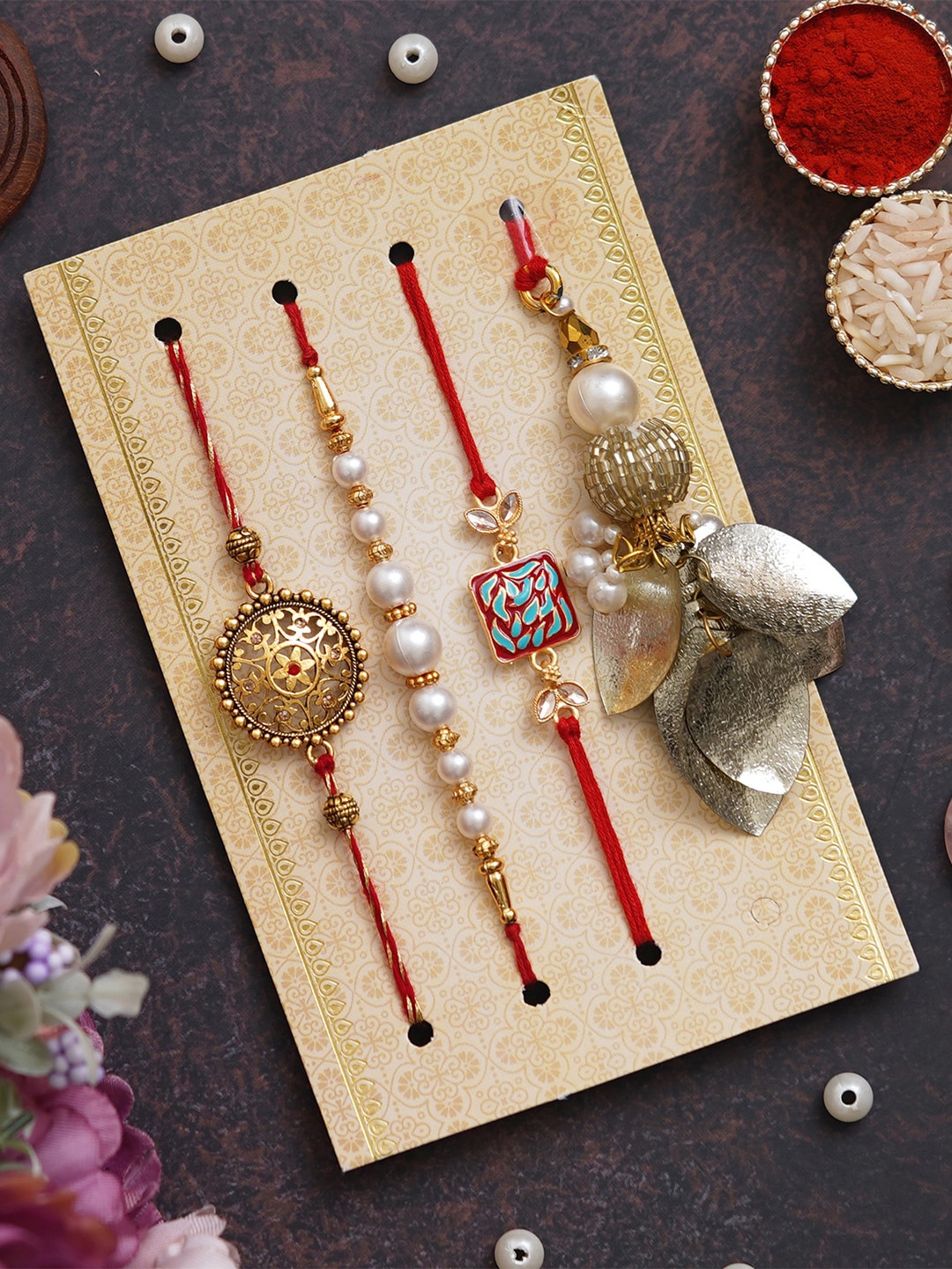 

eCraftIndia Set Of 4 Designer Rakhis With Tortoise Statue, Red