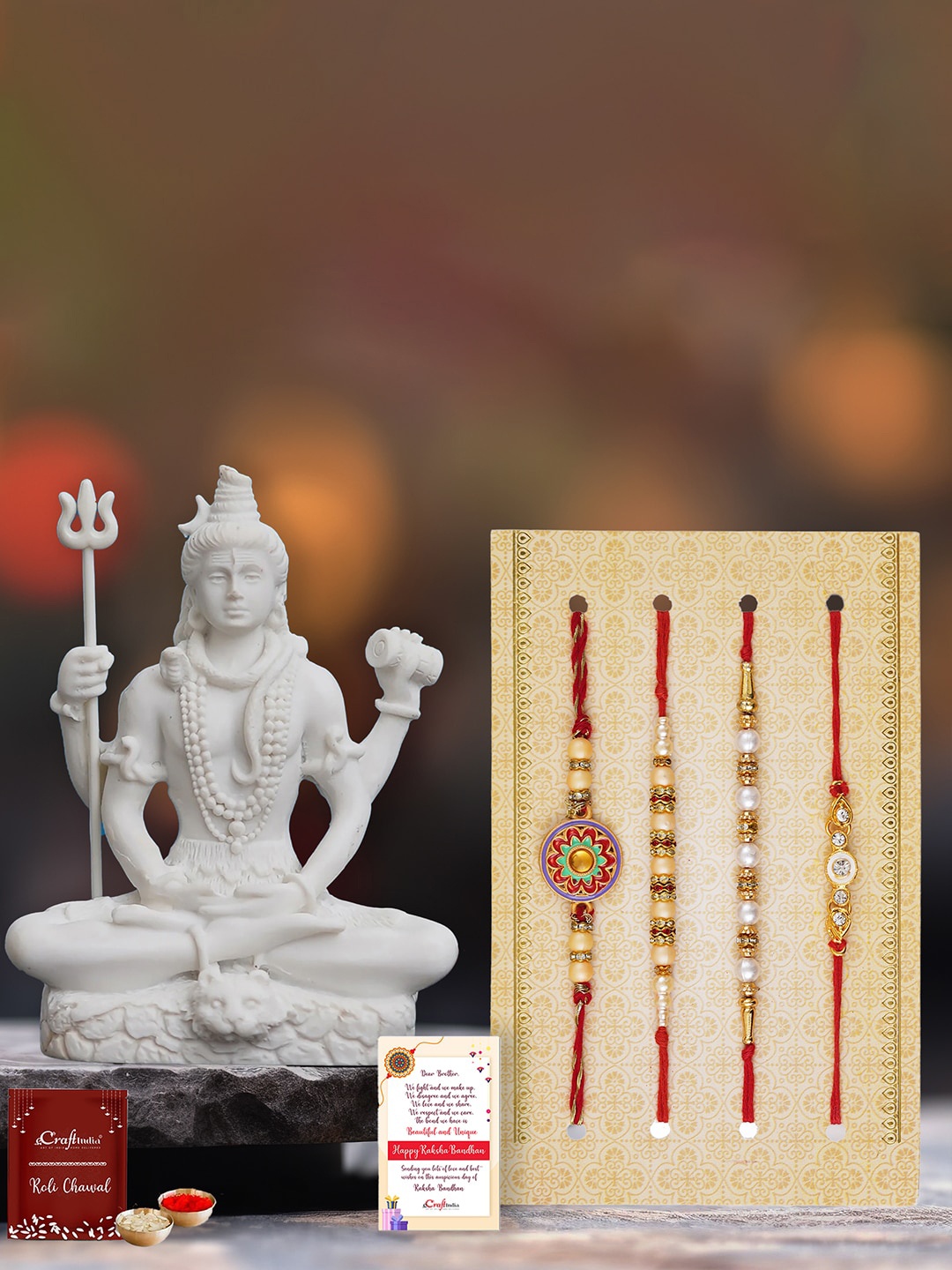 

eCraftIndia Set Of 4 Designer Rakhis With Lord Shiva Statue, Red