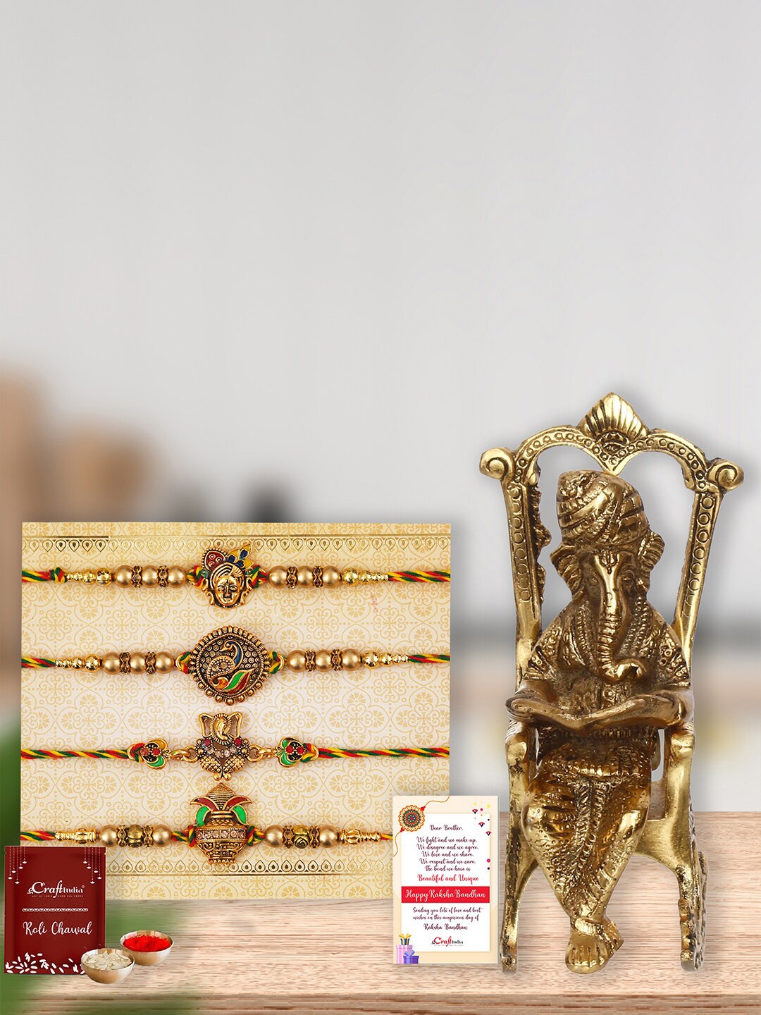 

eCraftIndia Unisex Set Of 4 Designer Rakhi Gift Set, Gold