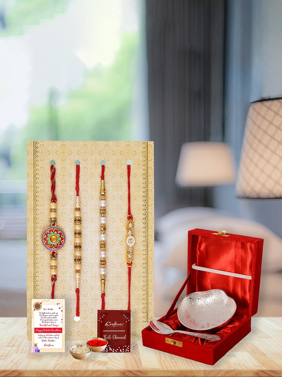 

eCraftIndia Set of 4 Designer Faux & Pearls Rakhis with Decorative Platter, Gold