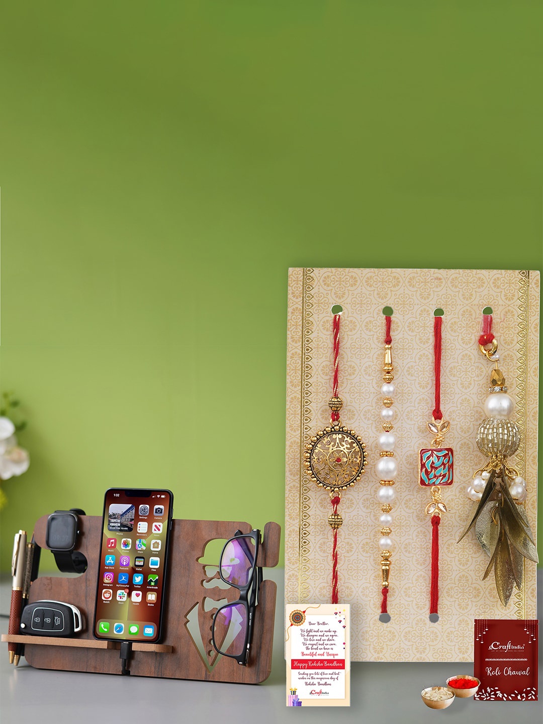 

eCraftIndia Set of 4 Designer Rakhi Gift Set, Red