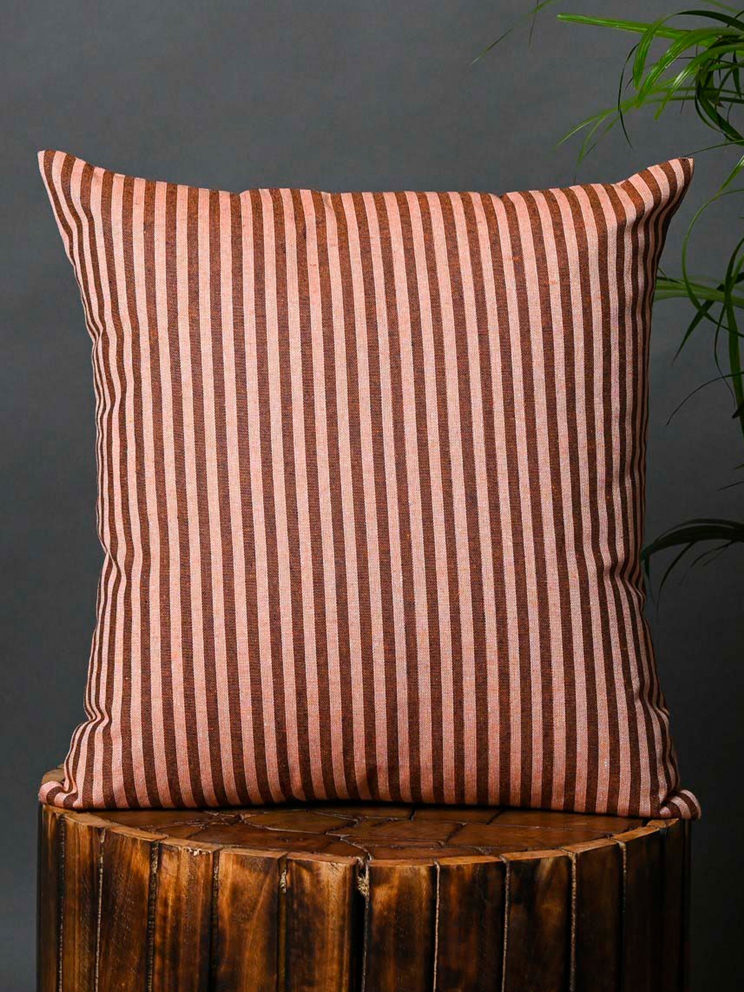 

OUSSUM Maroon & White Cotton Striped Square Cushion Cover