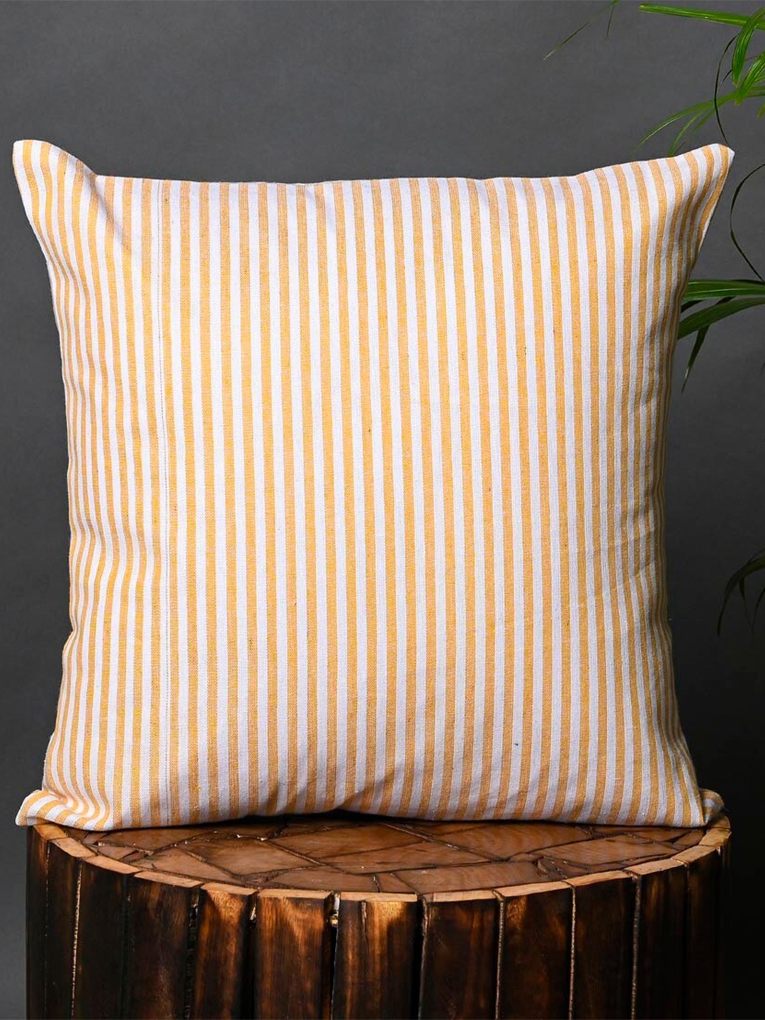 

OUSSUM Yellow & White Cotton Striped Square Cushion Cover