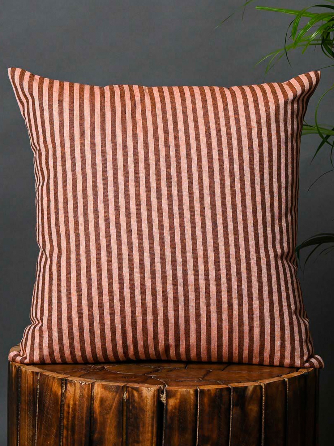 

OUSSUM Maroon & White Cotton Striped Square Cushion Cover
