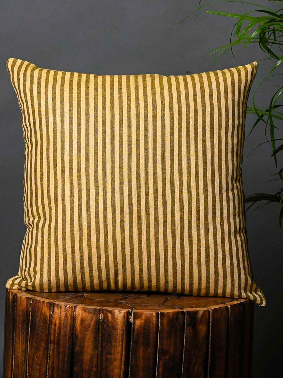 

OUSSUM Brown & Yellow Cotton Striped Square Cushion Cover