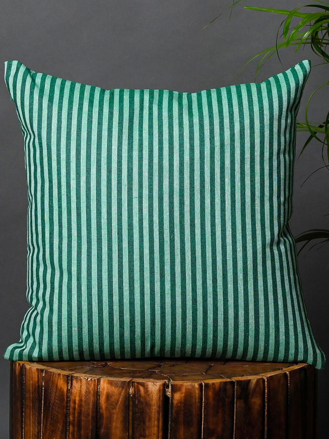 

OUSSUM Green Striped Cotton Square Cushion Cover