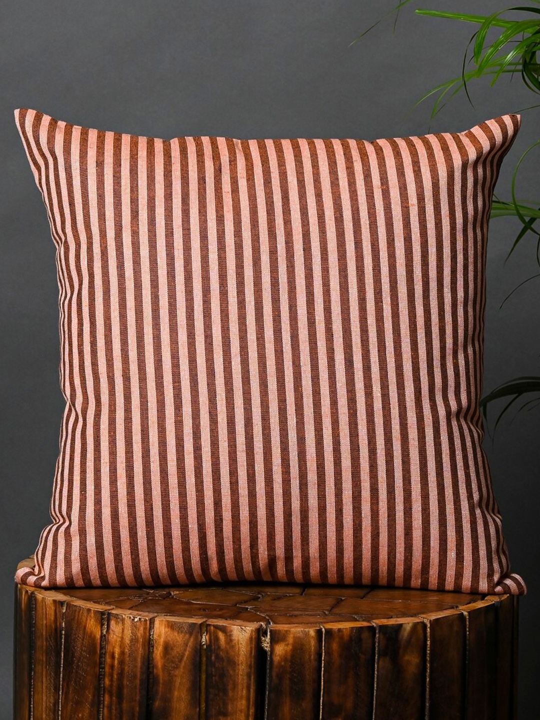 

OUSSUM Maroon & White Striped Cotton Square Cushion Cover