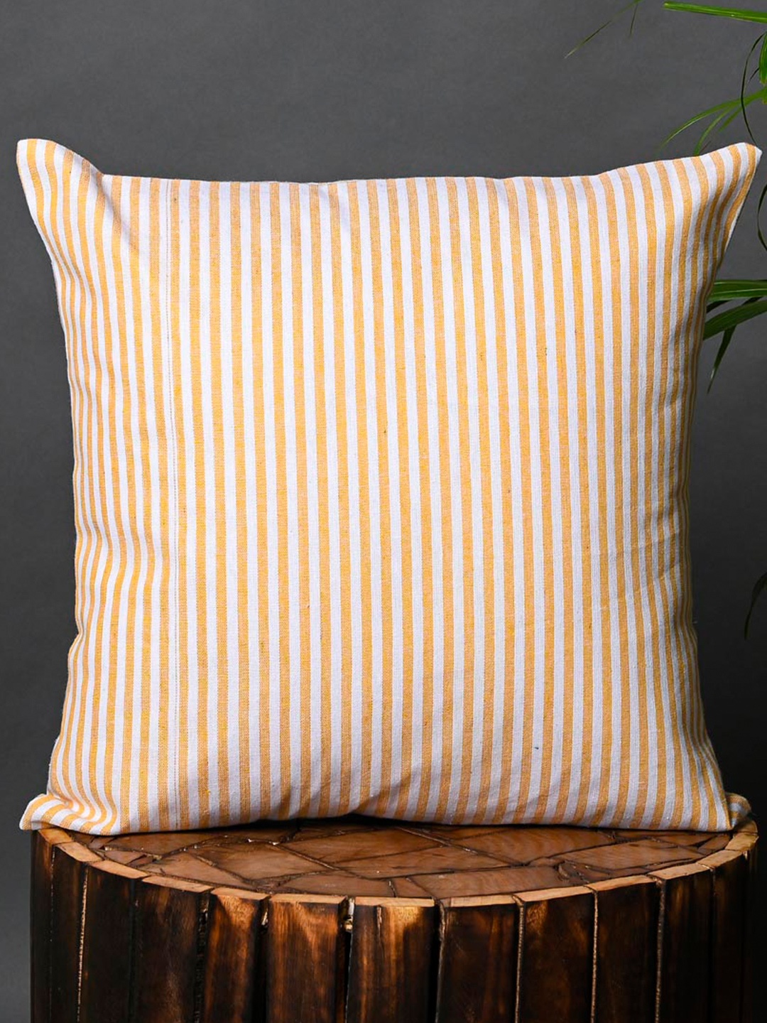 

OUSSUM Yellow & White Striped Cotton Square Cushion Cover