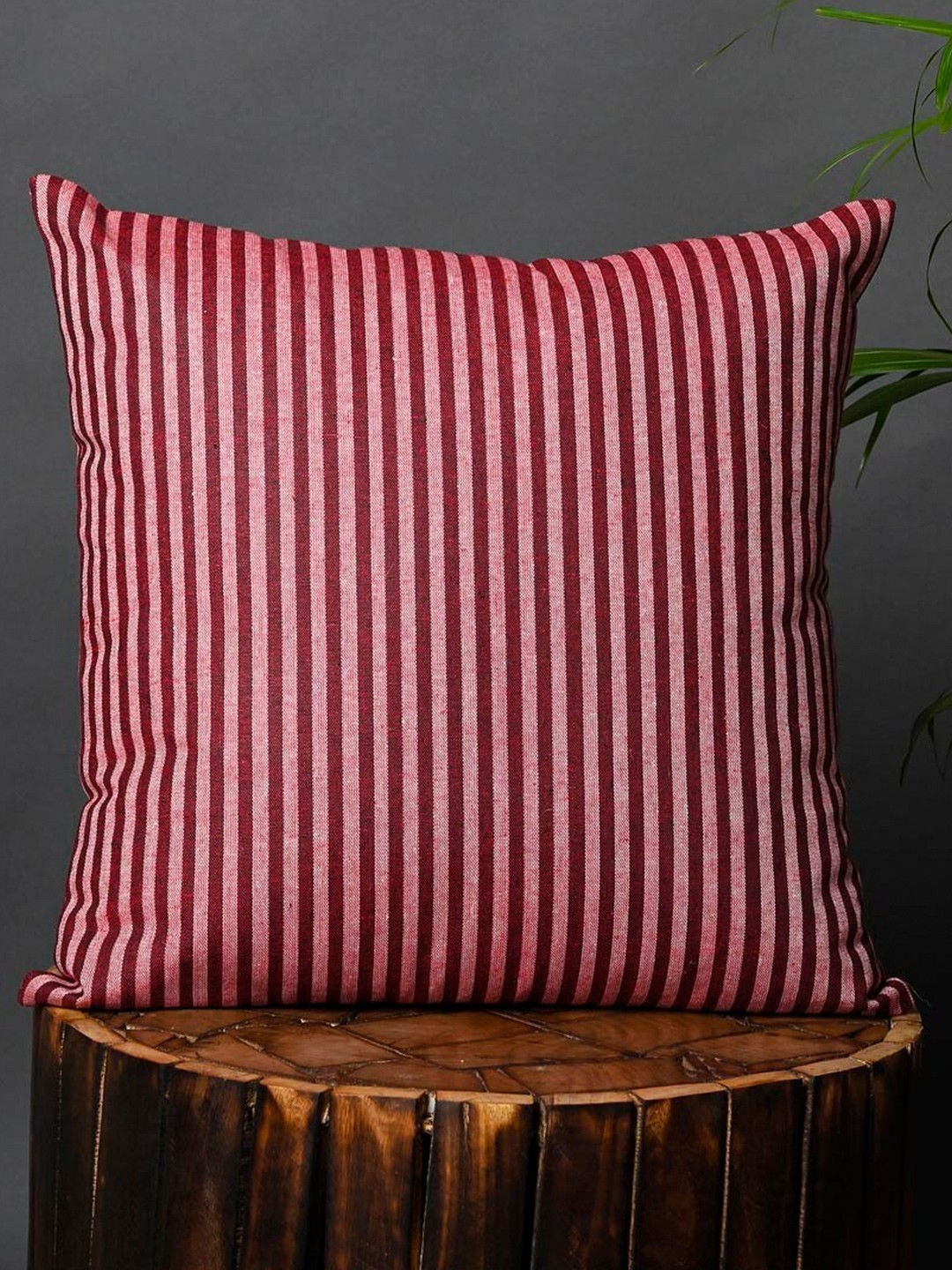 

OUSSUM Maroon & White Striped Cotton Square Cushion Cover