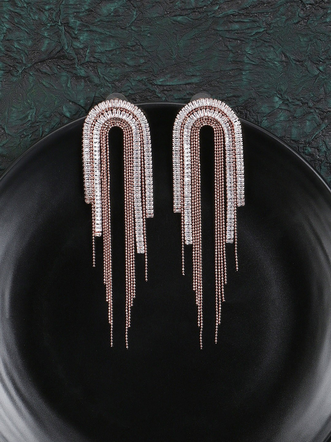 

Adwitiya Collection Rose Gold Plated Classic Stone Studded Tasselled Drop Earrings