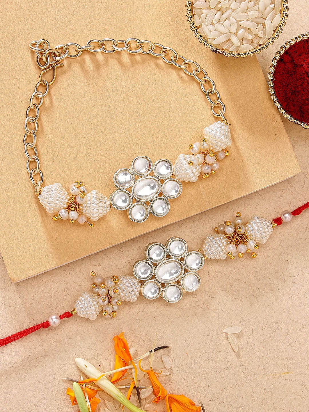 

KARATCART Set of 2 Gold Plated Bhaiya Bhabhi Rakhi Combo With Roli & Chawal