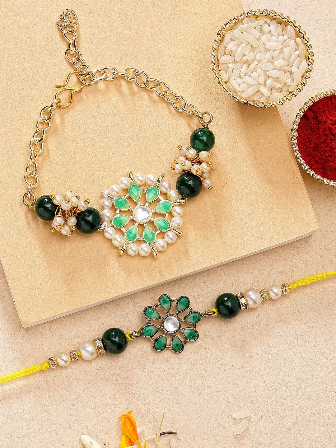

KARATCART Set of 2 Gold Plated Bhaiya Bhabhi Rakhi Combo with Roli & Chawal, Green