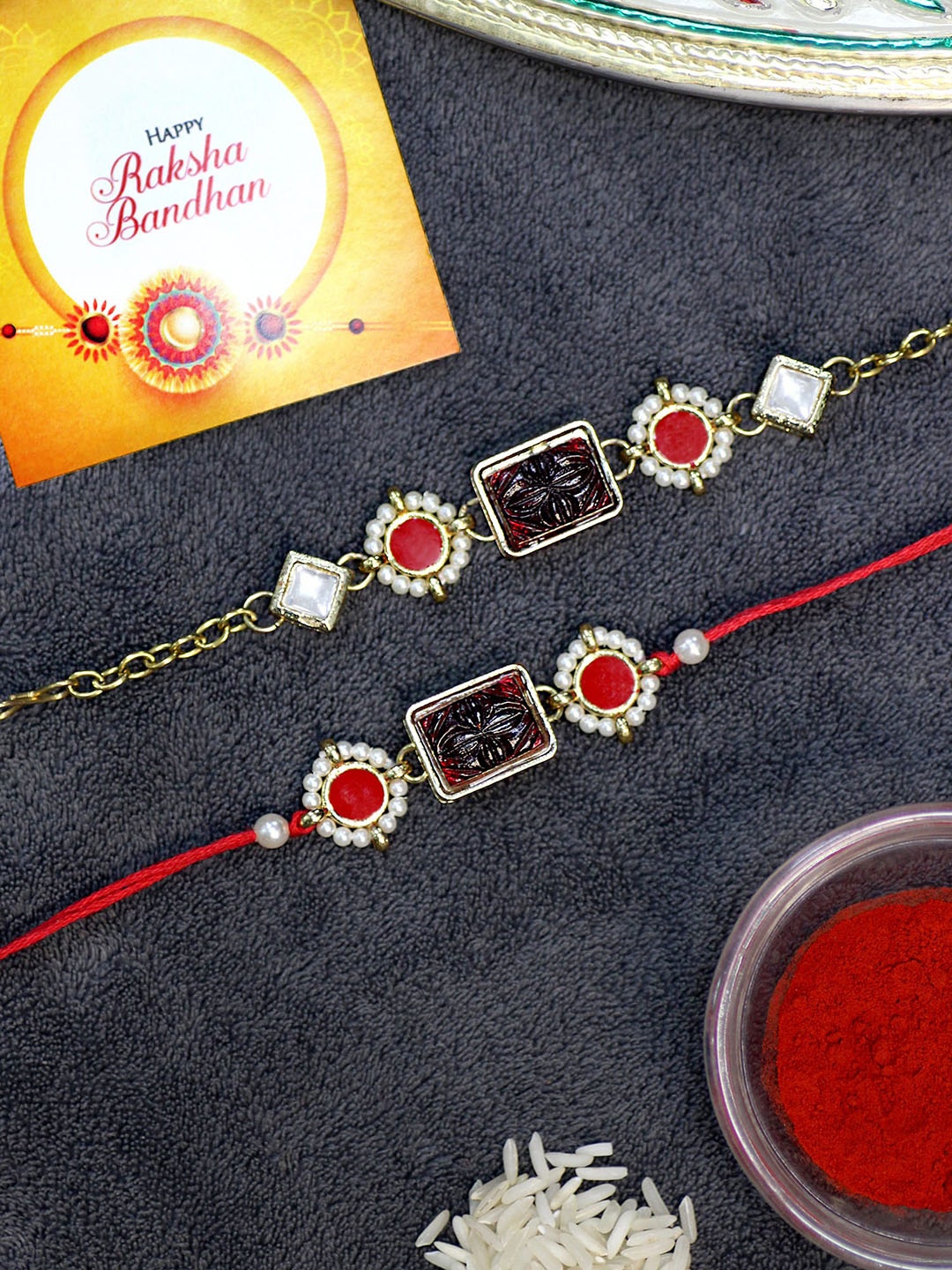 

KARATCART Men Gold Plated Bhaiya Bhabhi Rakhi Combo With Roli & Chawal, Red