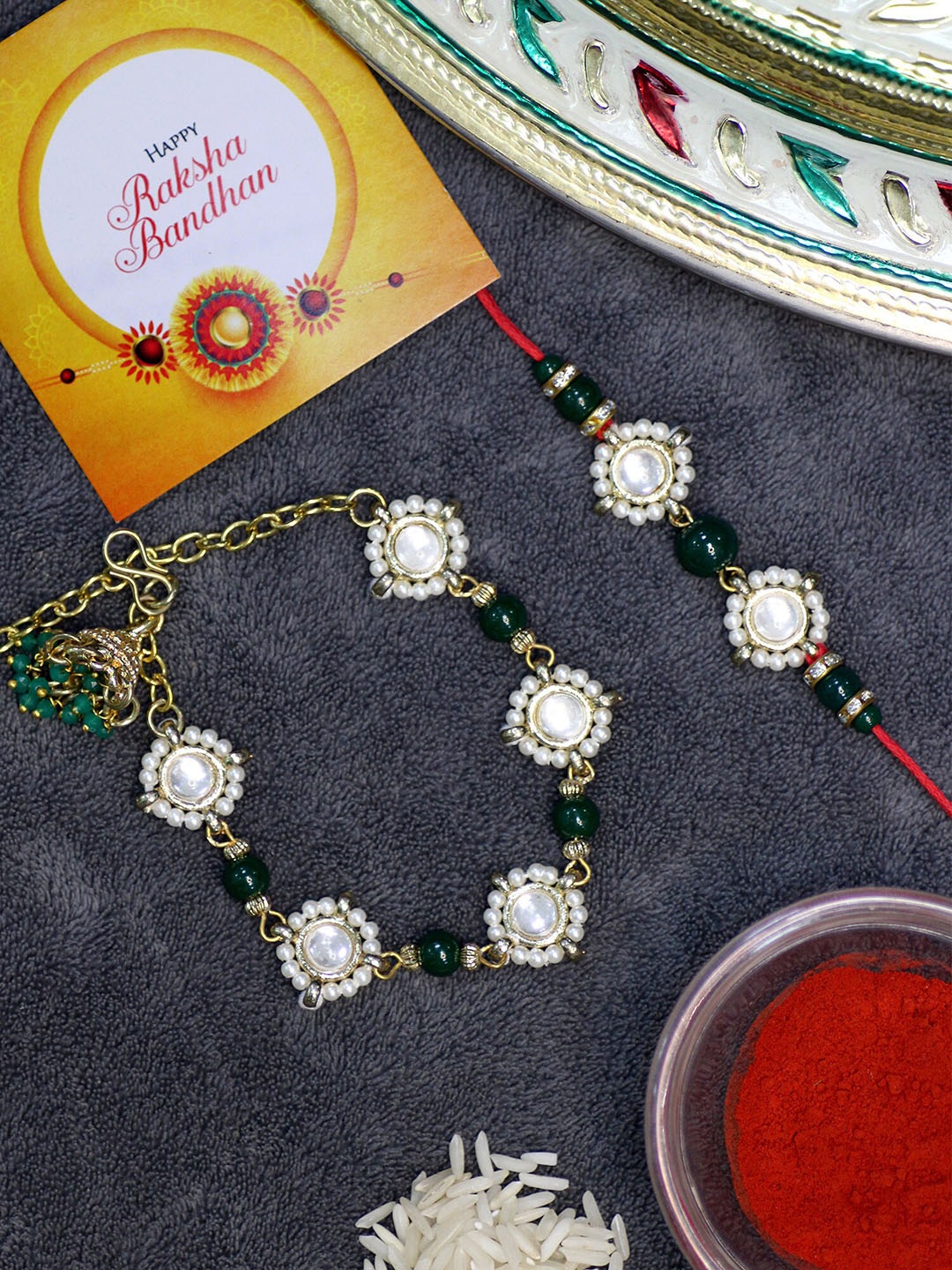 

KARATCART Set of 2 Gold-Plated Beaded Bhai Bhabhi Rakhi, Green