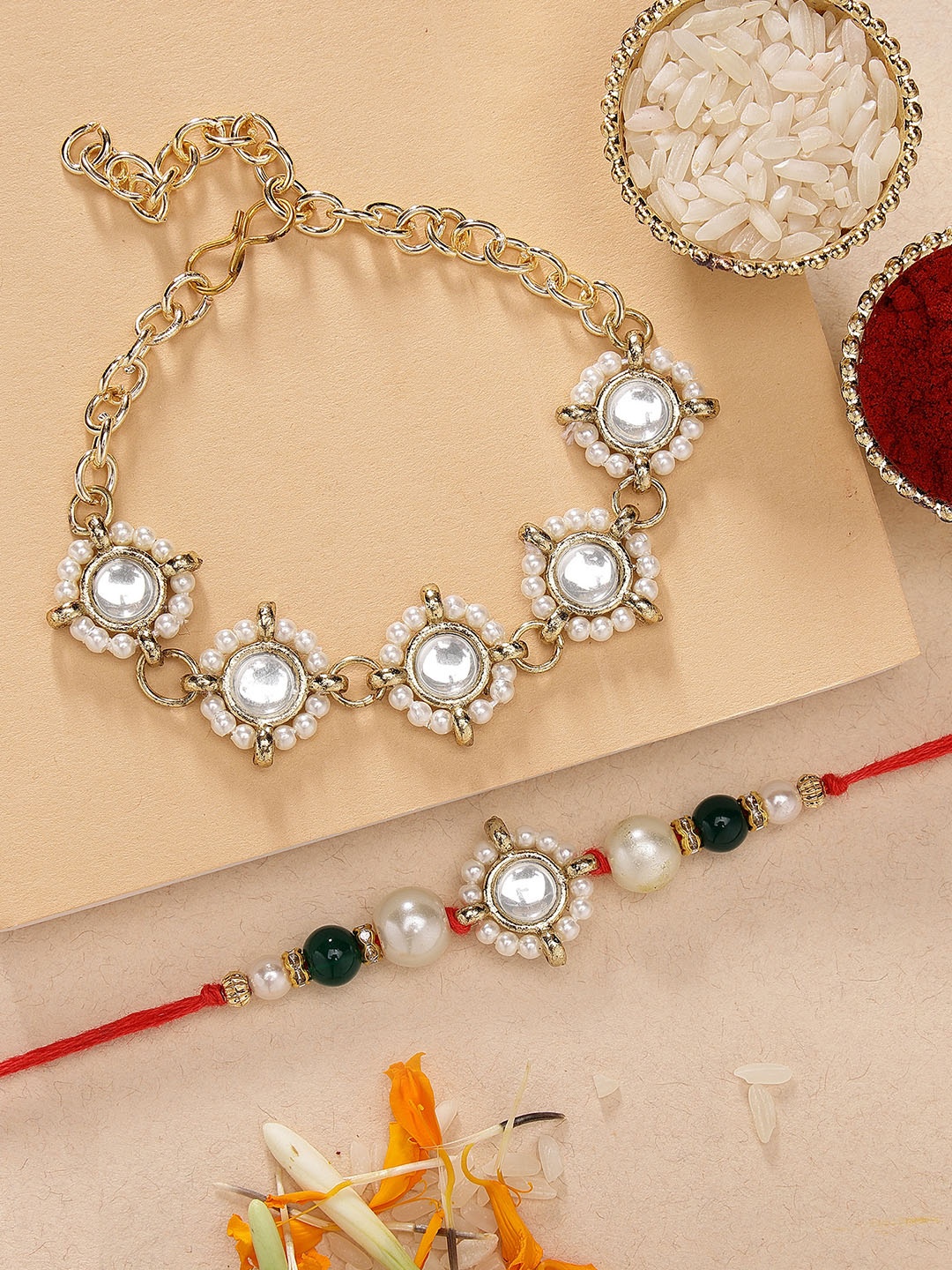 

KARATCART Set of 2 Gold-Plated Bhai Bhabhi Rakhi, White