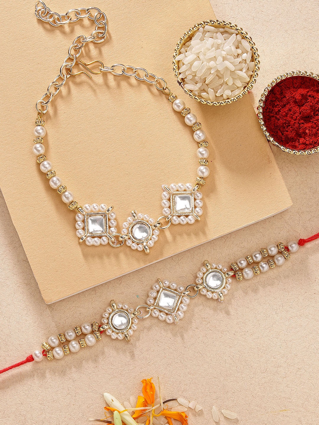 

KARATCART Set of 2 Gold-Plated Pearl Beaded & Kundan Studded Rakhi