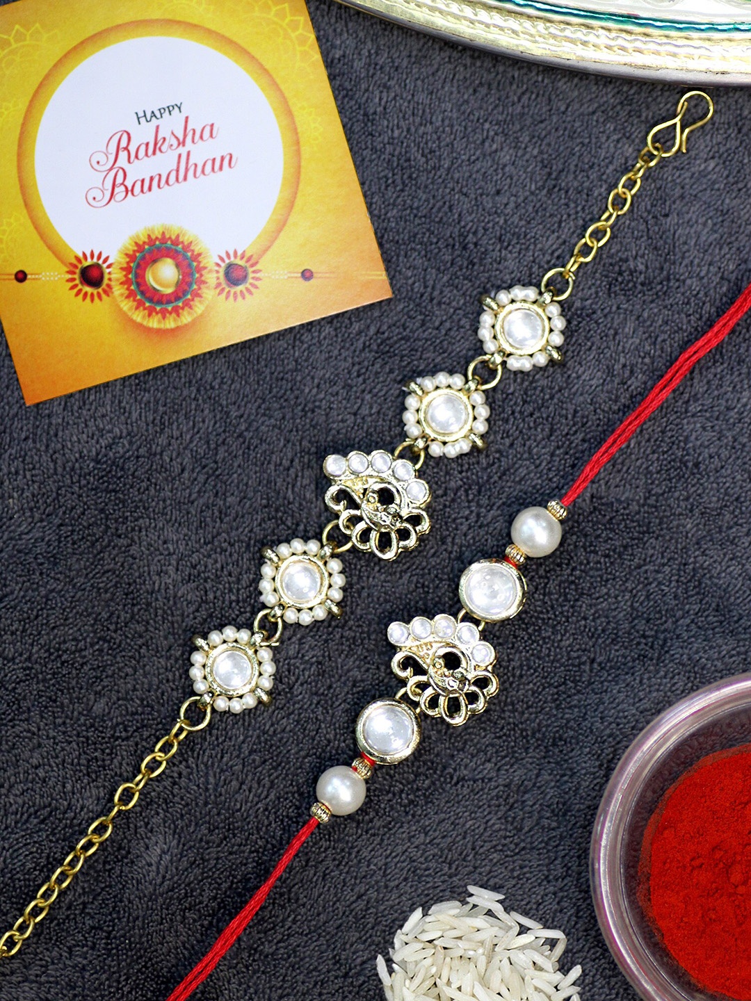 

KARATCART Set Of 2 Gold-Plated Kundan-Studded Rakhis With Roli & Chawal