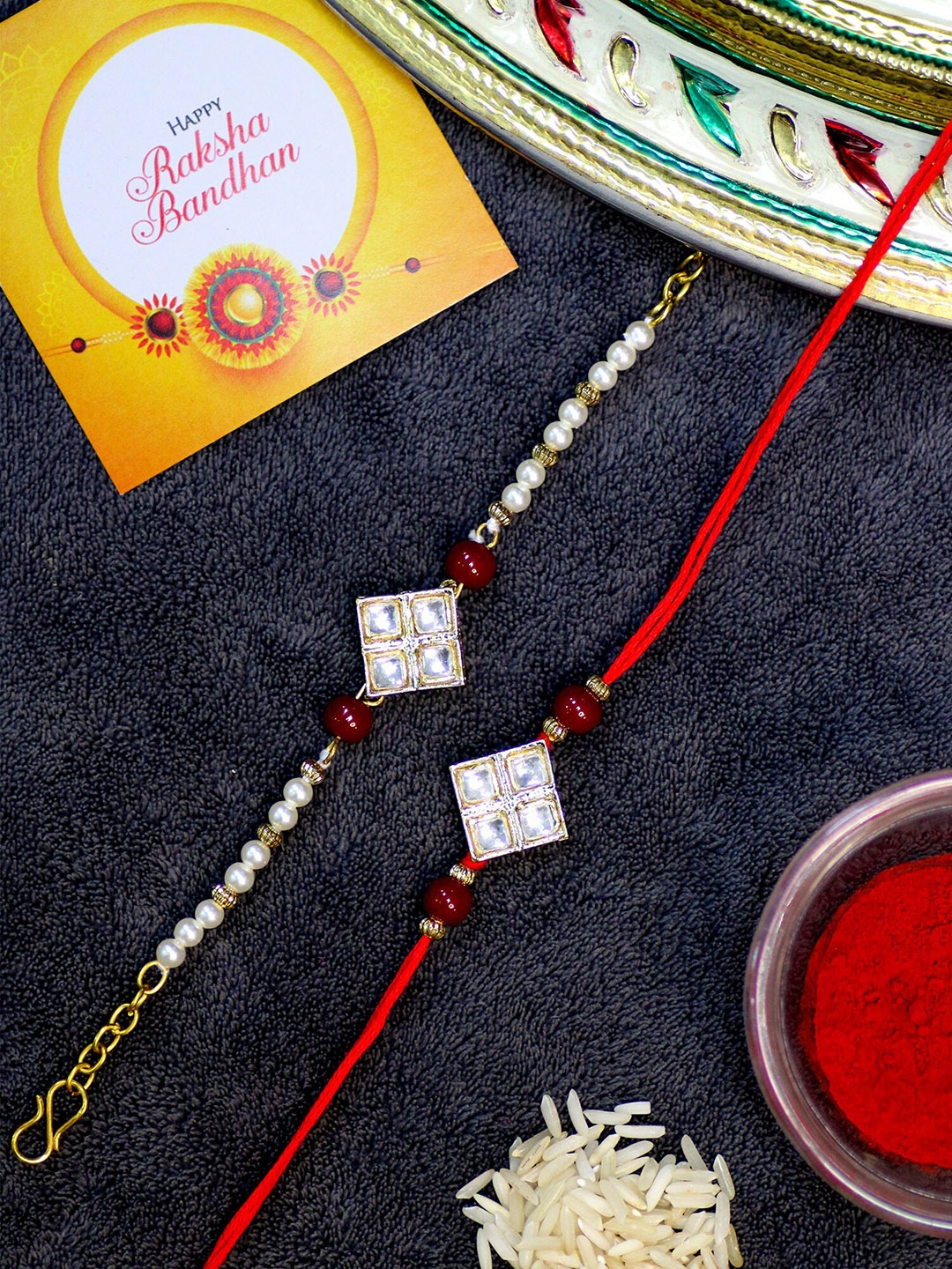 

KARATCART Set of 2 Gold-Plated Bhai Bhabhi Rakhi, Red