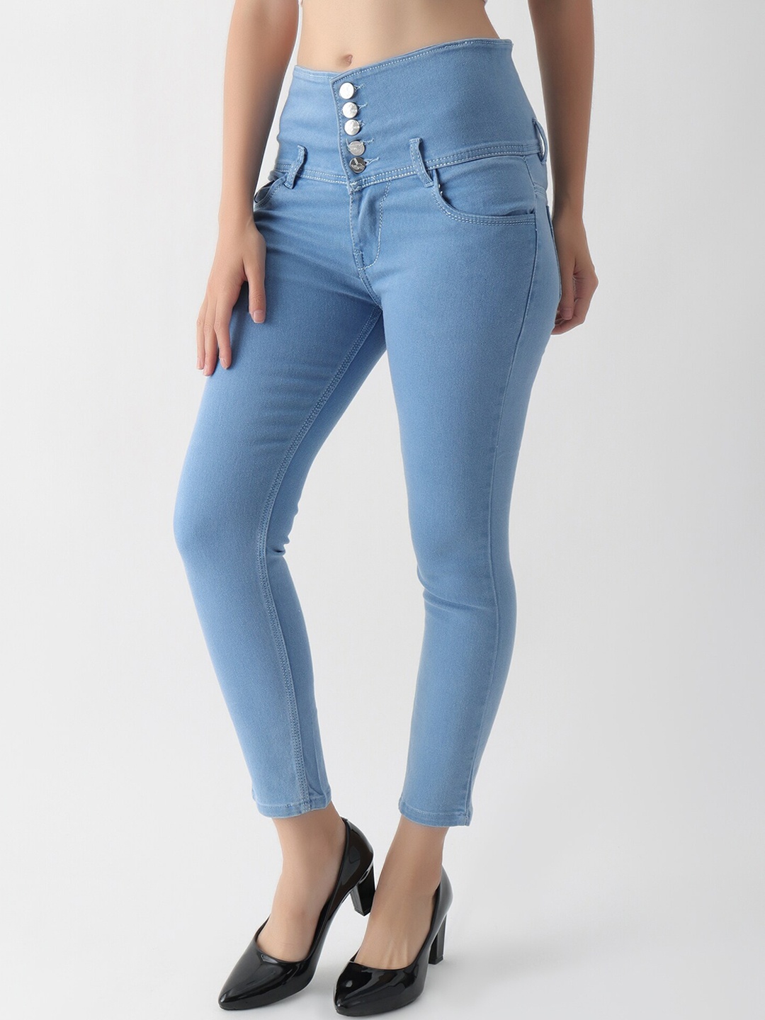 

DKGF FASHION Women Hottie Skinny Fit Clean Look Cropped Mid-Rise Cotton Jeans, Blue