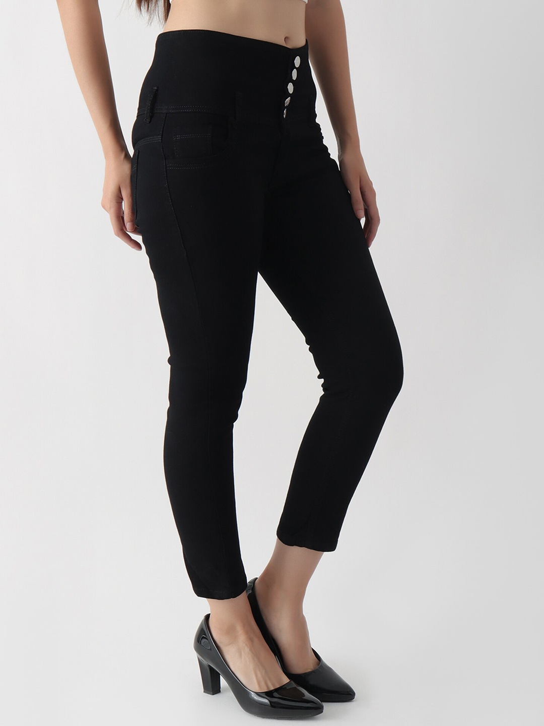 

DKGF FASHION Women Hottie Skinny Fit Clean Look Cropped Mid-Rise Cotton Jeans, Black