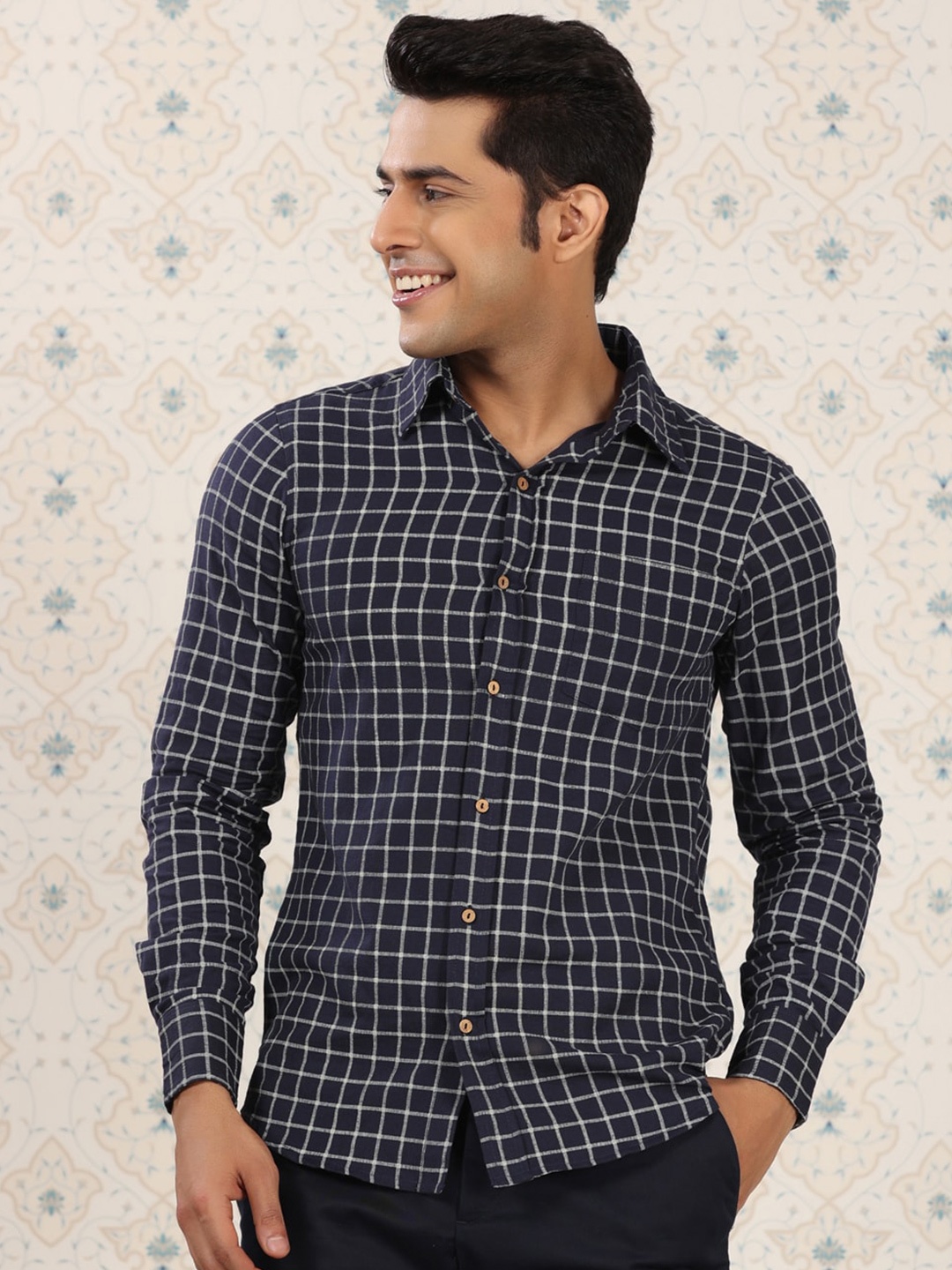 

Ode by House of Pataudi Grid Tattersall Checks Checked Comfort Pure Cotton Casual Shirt, Navy blue