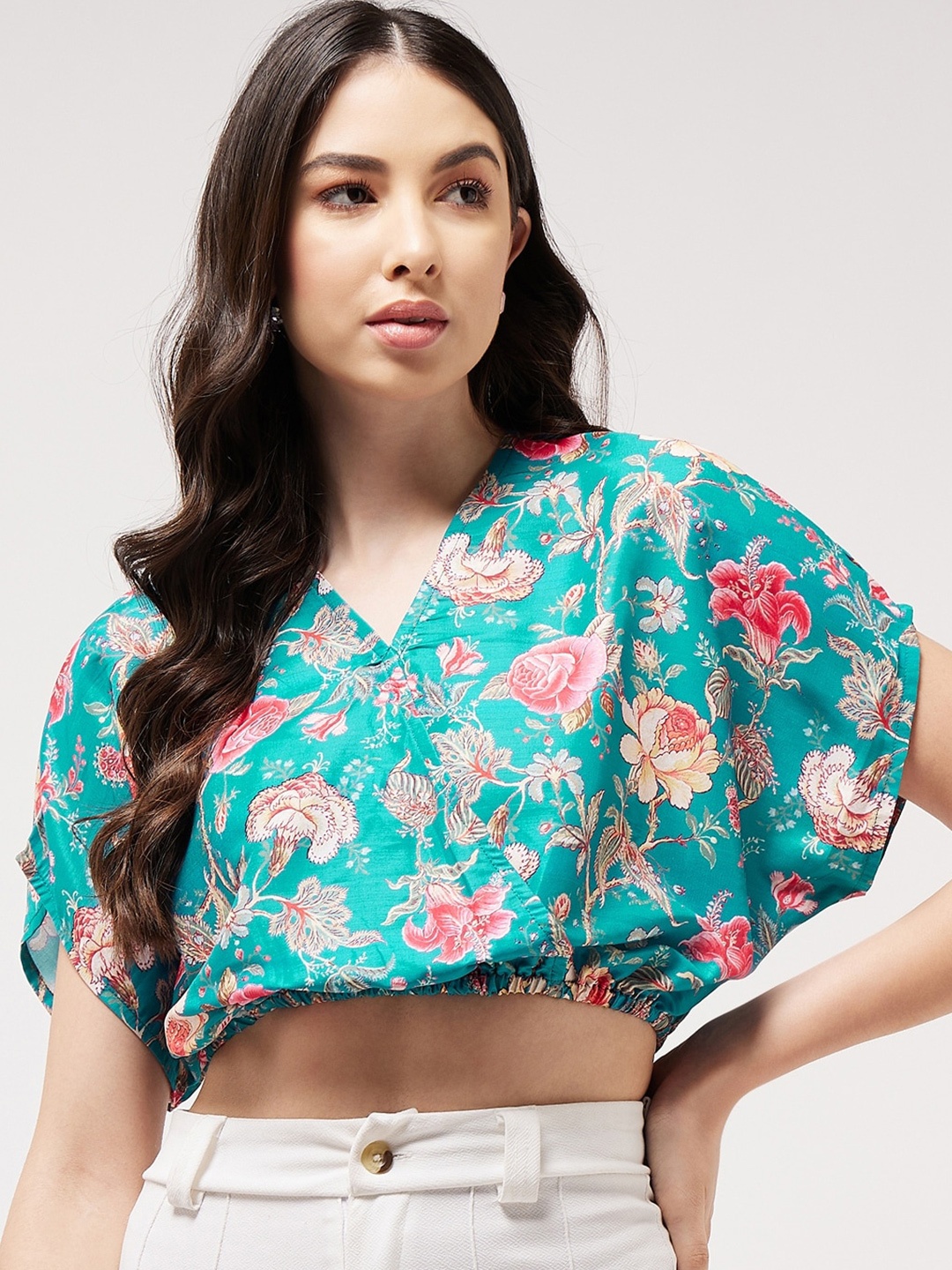 

Pannkh Floral Printed V-Neck Extended Sleeves Blouson Crop Top, Blue