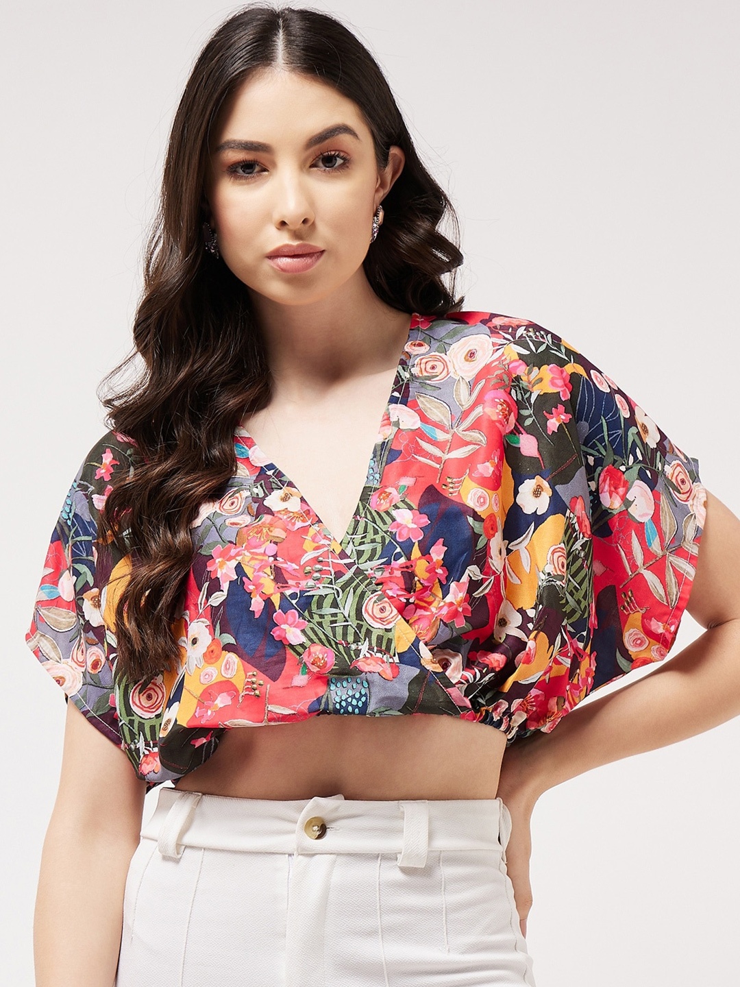 

Pannkh Floral Printed V-Neck Extended Sleeves Blouson Crop Top, Blue