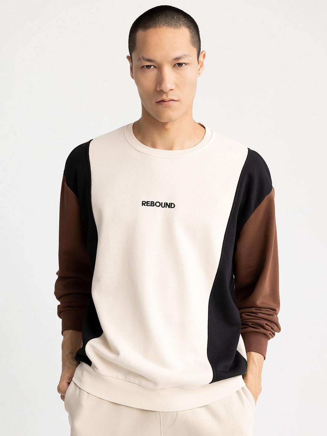 

DeFacto Round Neck Colourblocked Pullover, Brown